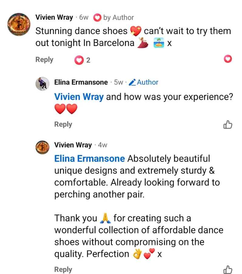 Facebook comment praising LLD dance shoes